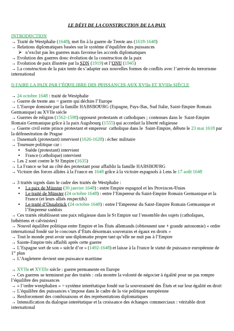 Les Défis de la Construction de la Paix depuis 1648 - Résumé et Fiche de Révision