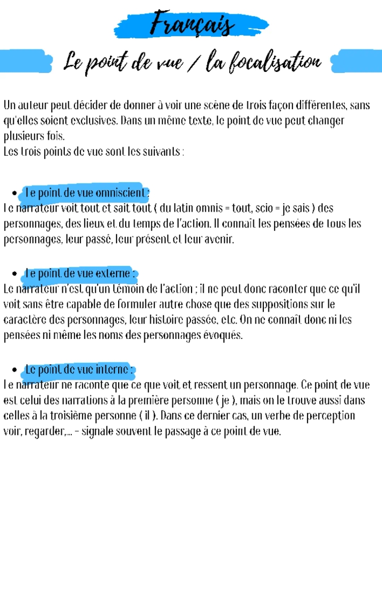 Les Points de Vue Narratifs et Focalisations - Cours et Exemples PDF