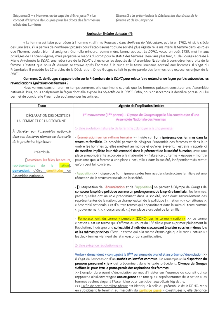 Analyse Linéaire du Préambule de Olympe de Gouges - Les Droits de la Femme