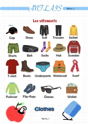 Liste des vêtements en anglais PDF: Apprends les noms des vêtements en CM2, CM1, 6ème, CE2