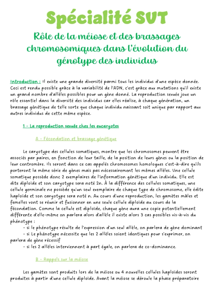 Rôle de la méiose et des brassages chromosomiques dans l’évolution du génotype des individus