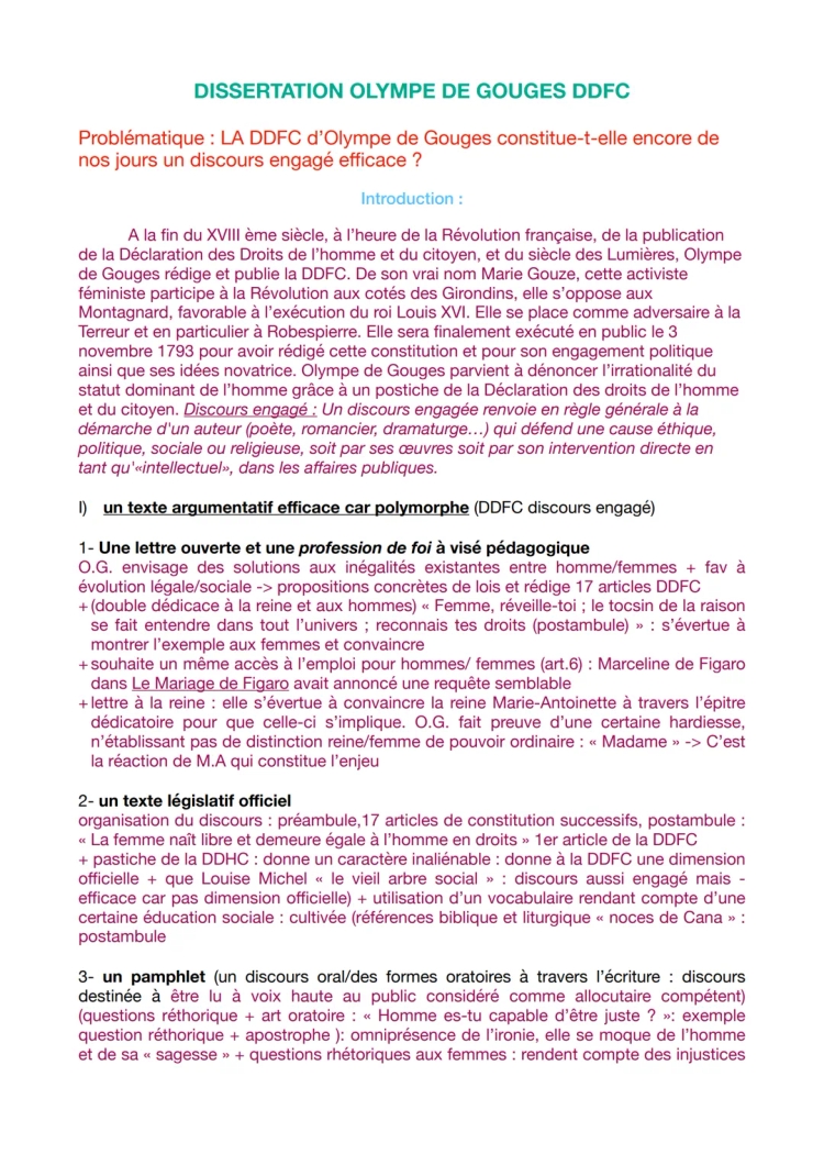 Dissertation Olympe de Gouges corrigé PDF - Sujet Bac, Plan, et Analyse DDFC