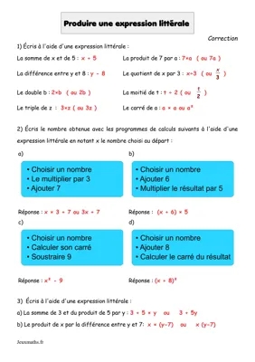 Expressions littérales et calculs mathématiques