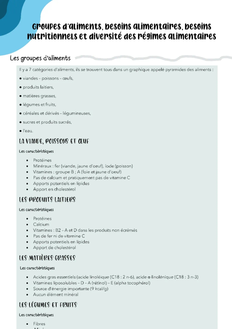 Les 3 types d'aliments, les groupes d'aliments et leur rôle, besoins nutritionnels et régimes alimentaires