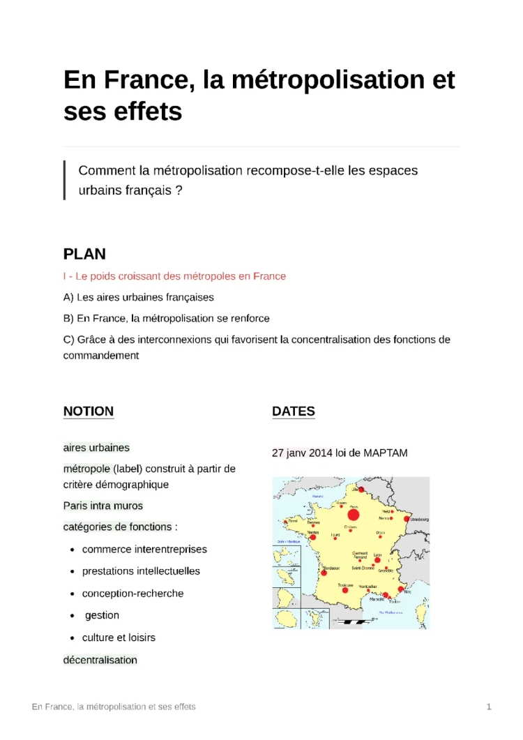 La Métropolisation et ses Effets en France Corrigé: Les Grandes Agglomérations et Inégalités Territoriales