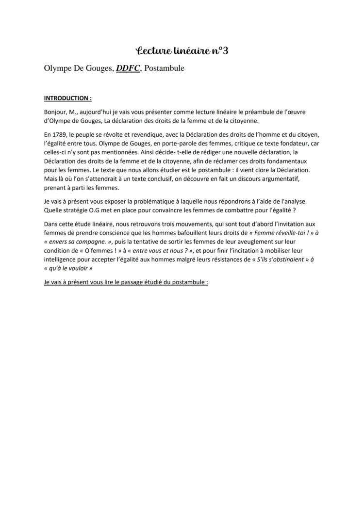 Analyse Linéaire du Postambule d'Olympe de Gouges - Texte PDF et Explications