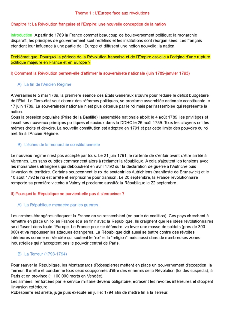 Contrôle corrigé sur la Révolution française et l'Empire (4ème) - Fiche de révision