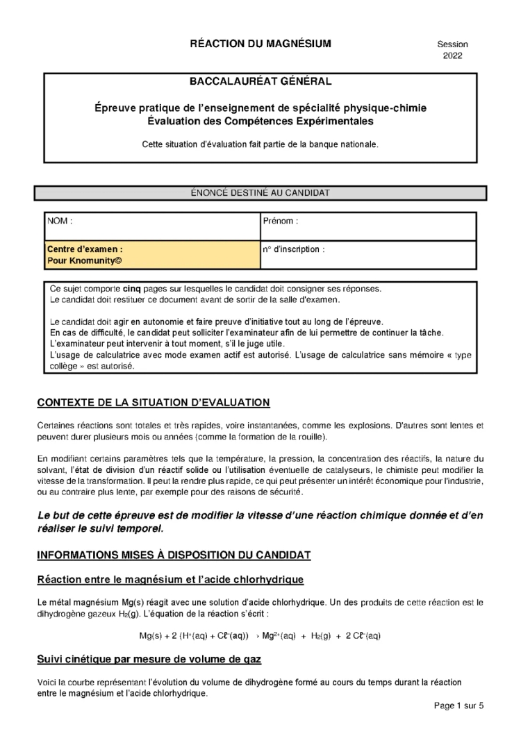 Réaction du magnésium avec l'acide chlorhydrique et suivi cinétique par spectrophotométrie