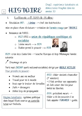 Cours Histoire 3ème: Démocraties Fragilisées et Expériences Totalitaires PDF