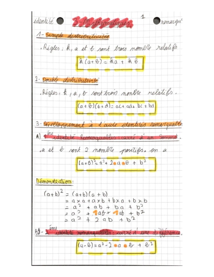 Les identités remarquables 3ème: formules et exemples en PDF