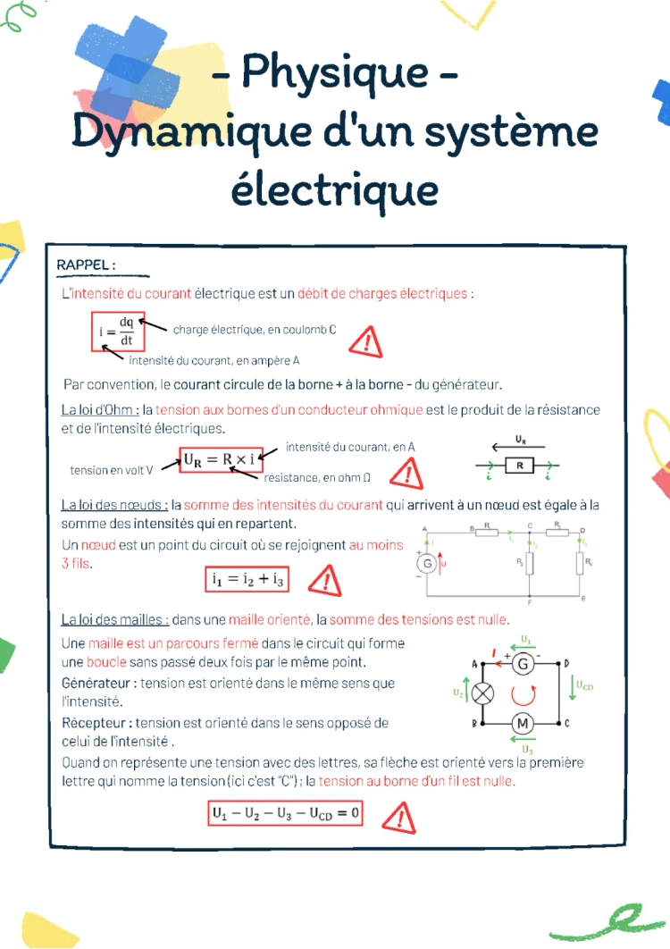 Exercice Dynamique d'un Système Électrique Terminale - Circuit RC, Lois de Kirchhoff et Condensateur Cours PDF