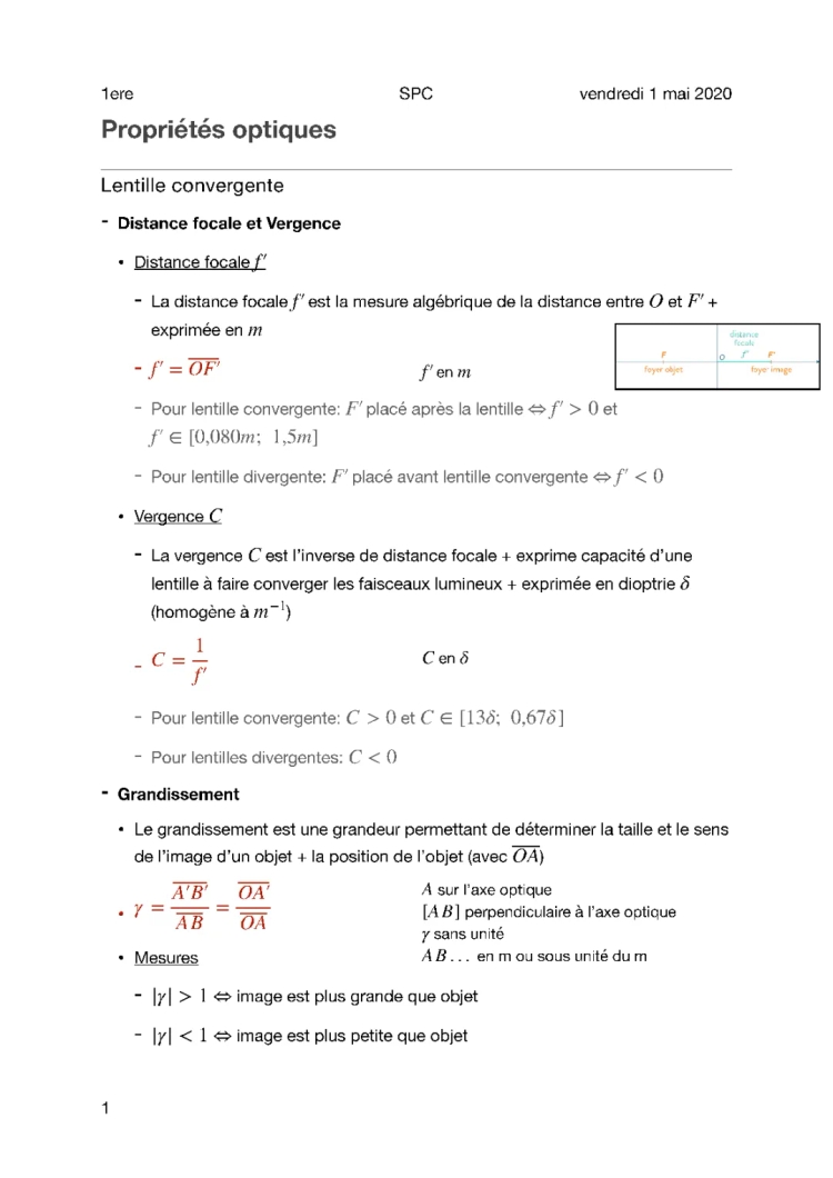 Lentilles convergentes et divergentes: Formules et Exercices Corrigés PDF