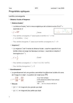 Lentilles convergentes et divergentes: Formules et Exercices Corrigés PDF