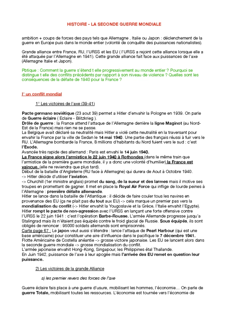 Résumé de la Seconde Guerre mondiale - Fiche révision Terminale PDF