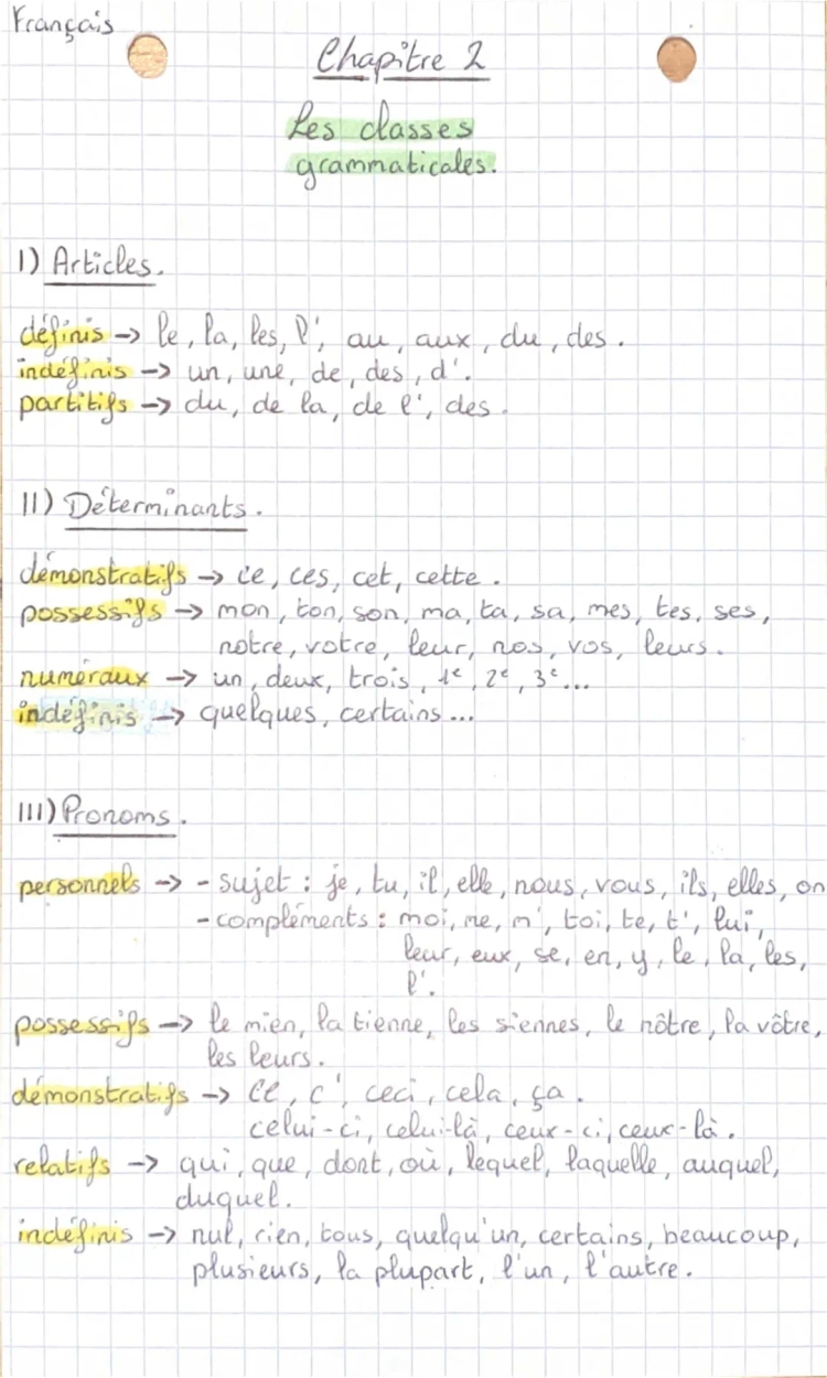 FRANÇAIS : les classes grammaticale 