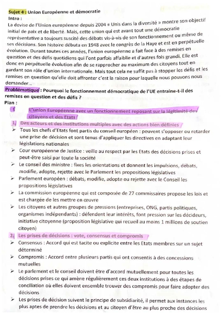 Fiche de Révision : La Démocratie dans l'Union Européenne - HGGSP 1ère