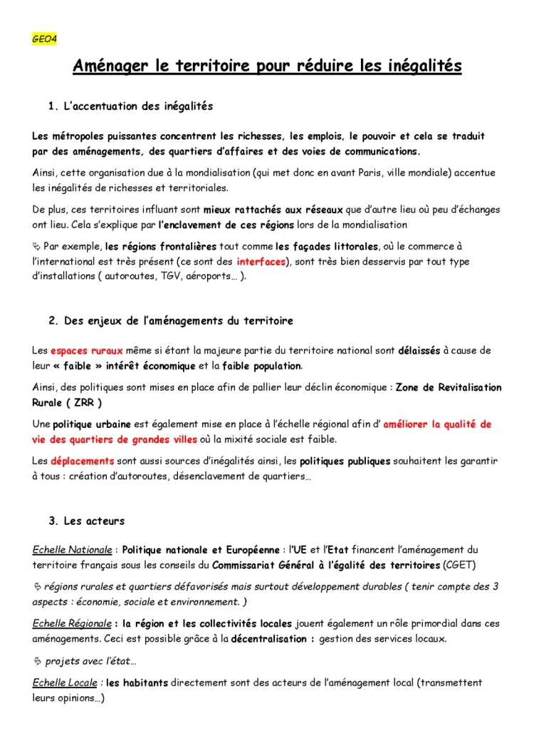 Aménager le territoire 3e - PDF et cours, inégalités et développement construit