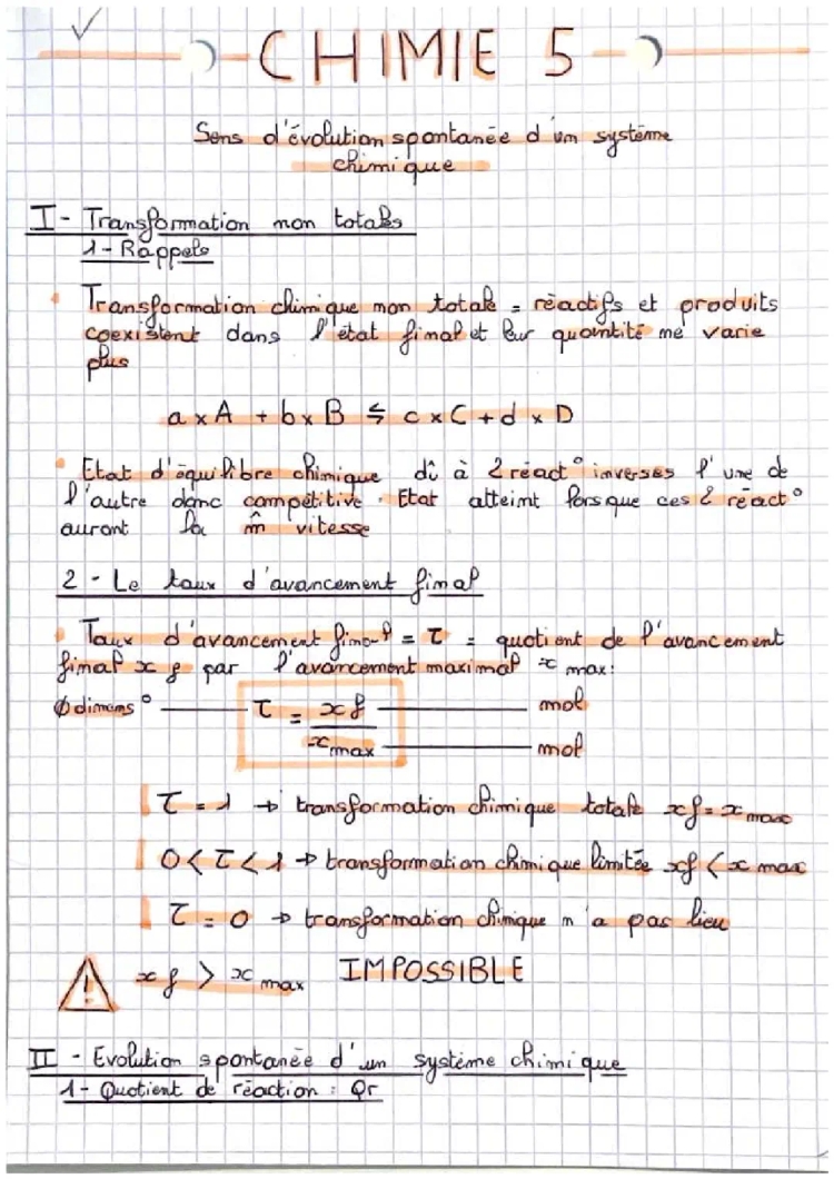 Évolution Spontanée d'un Système Chimique: Exercices Corrigés, Cours et Fiches PDF