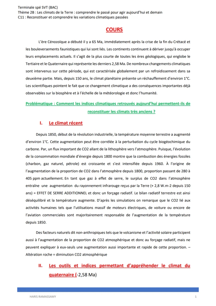 Reconstituer et comprendre les variations climatiques passées PDF: Fiche de révision et sujet BAC corrigé SVT Terminale