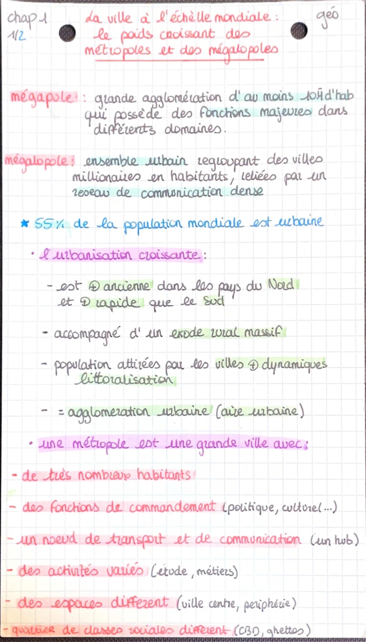 géographie - la ville à l’échelle mondiale : le poids croissant des métropoles et des mégalopoles 