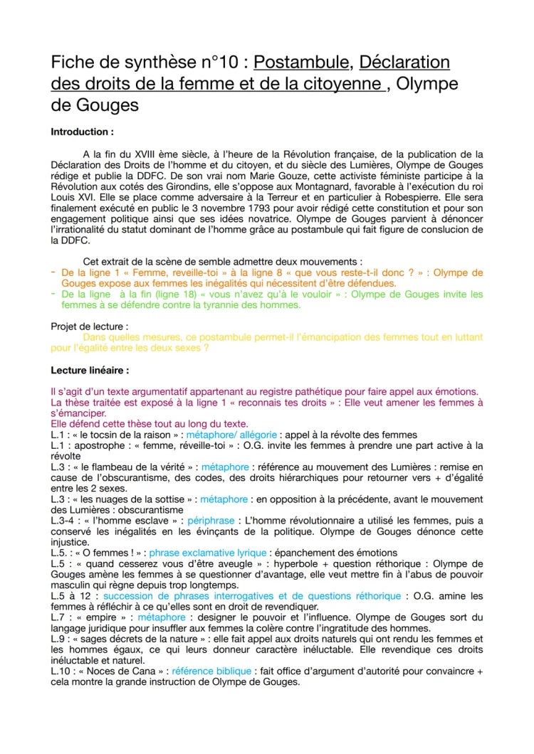 Analyse du postambule d'Olympe de Gouges - Texte, PDF, Conclusion