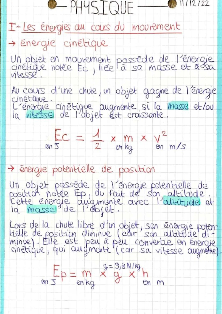 Les énergies au cours du mouvement 