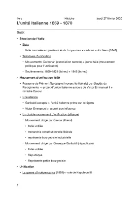 Unification italienne : Étapes et Résumé (1859-1870)