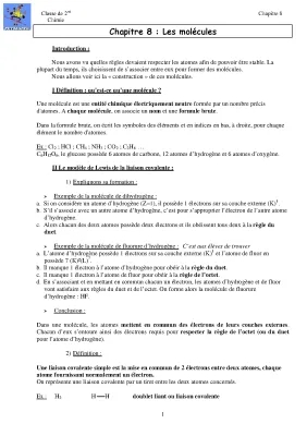 Cours Seconde : Molécules, Atomes et Liaison Covalente