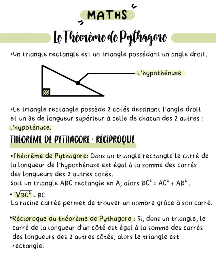 Fiche de Révision Théorème de Pythagore 3ème et Sa Réciproque PDF