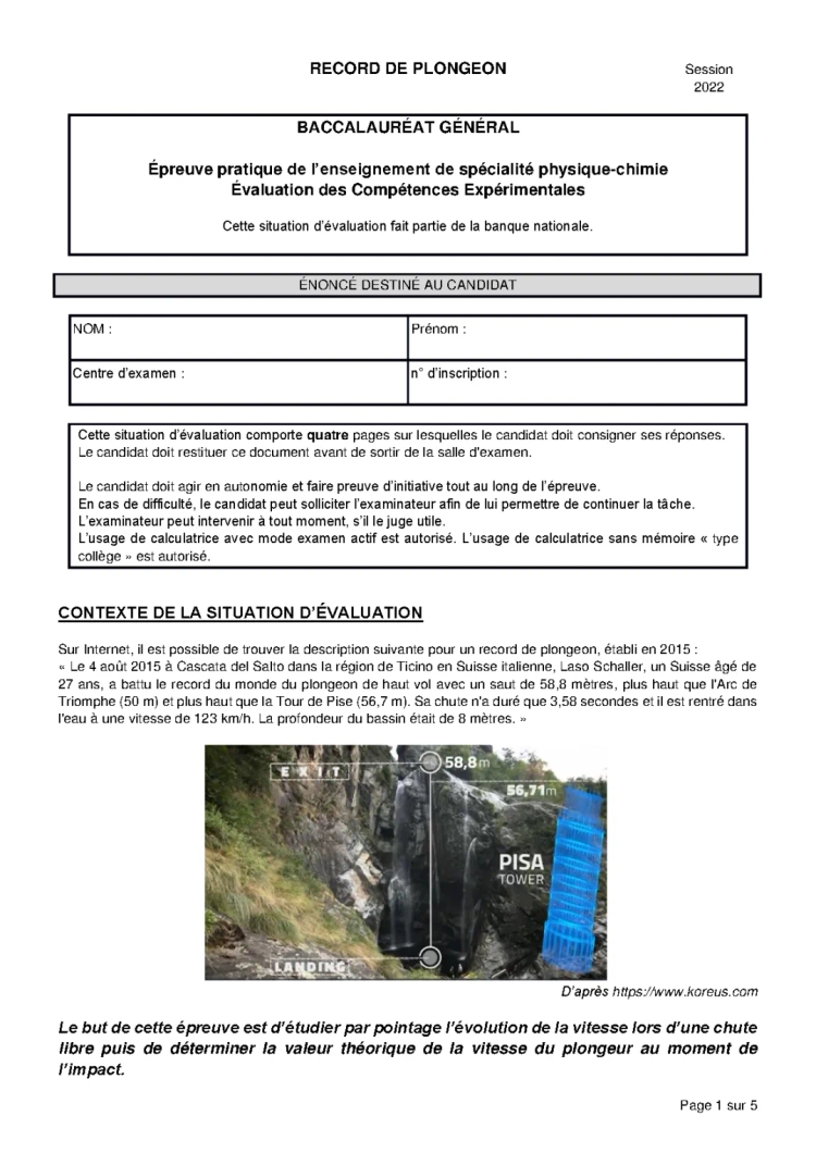 Correction ECE Physique-Chimie 2022-2024 - Record de Plongeon