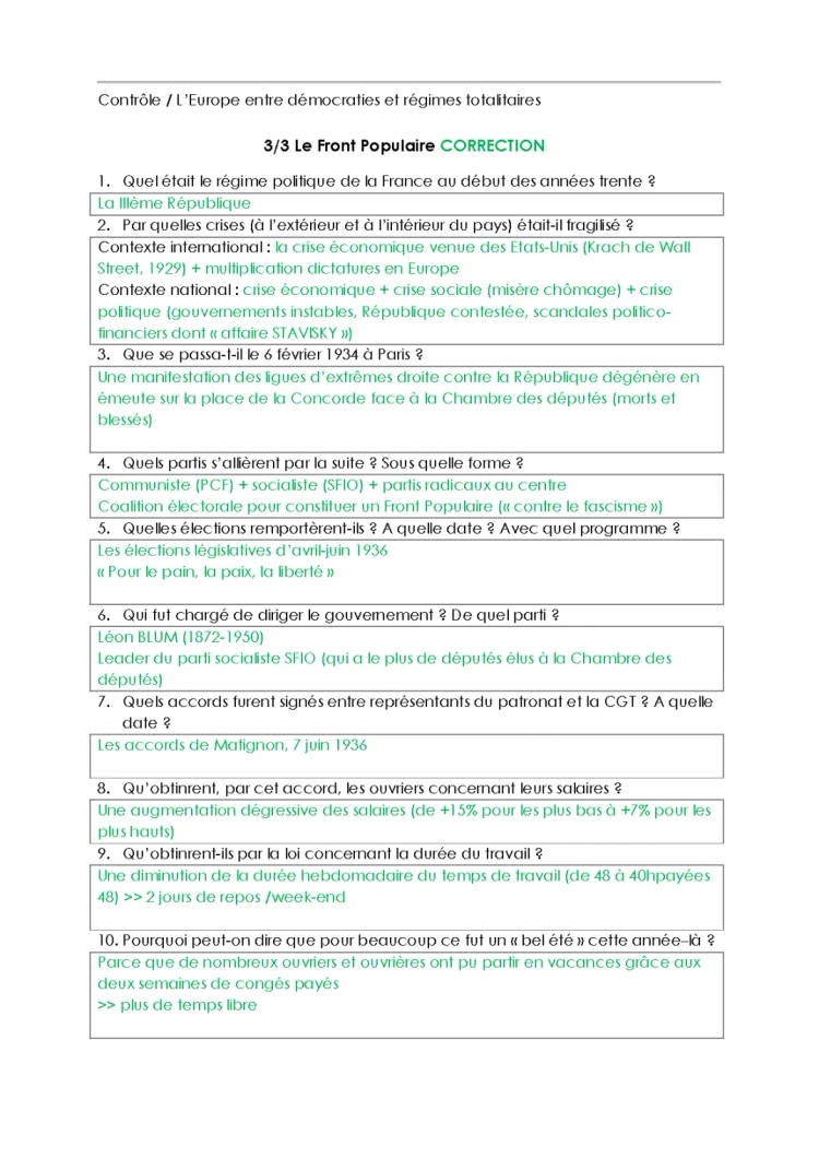 Exercice brevet blanc : Le Front Populaire