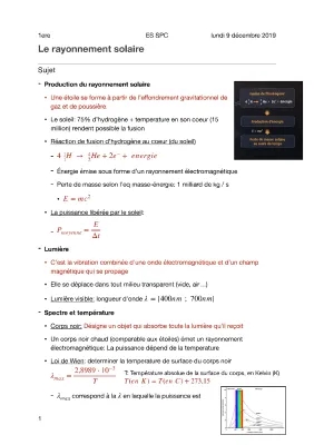 Le rayonnement solaire - 1ère Enseignement scientifique PDF avec exercices corrigés