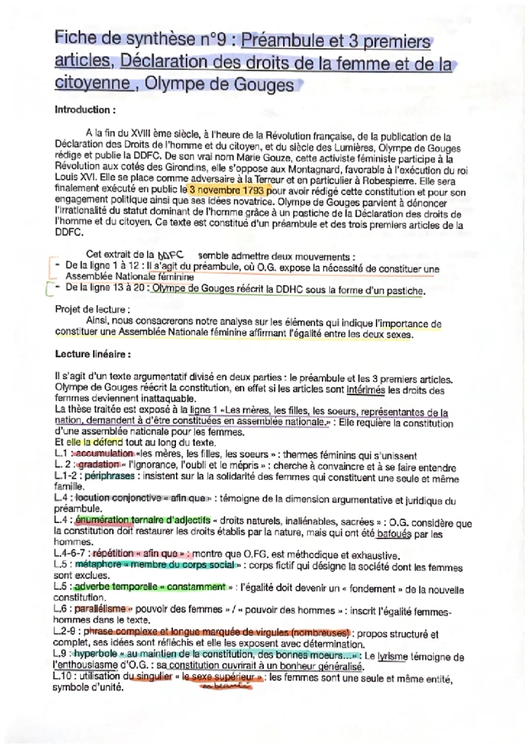 Préambule et Articles DDFC Olympe de Gouges - Analyse Linéaire et Résumé PDF