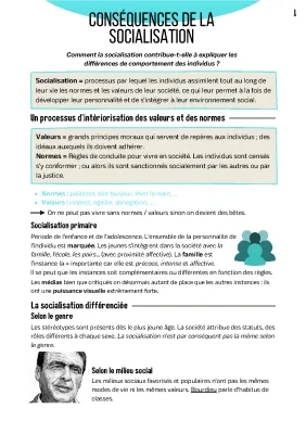 Comment la Socialisation Explique les Comportements et Ses Effets - Fiche de Révision SES pour le Collège et le Lycée