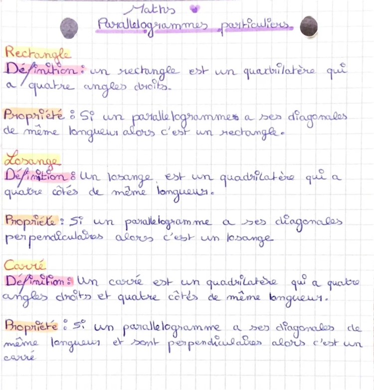 Maths : Les parallélogrammes particuliers (définition et propriété)