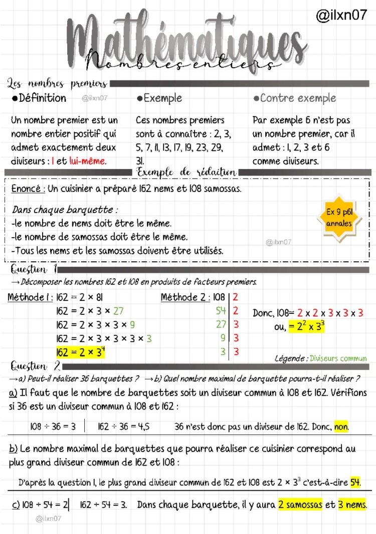 MATHEMATIQUES les nombres entiers (chapitre 2/2) (fiche quadrillée)