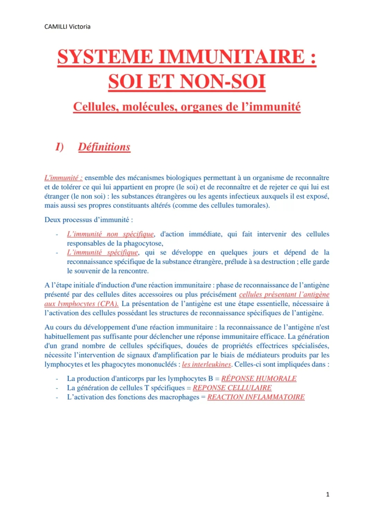 Le système immunitaire - cours résumé et schémas (soi et non-soi, lymphocytes, organes)