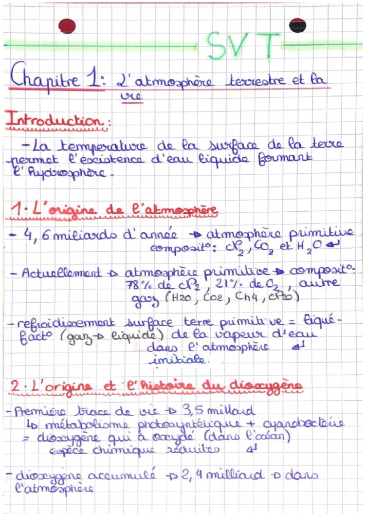 Chapitre 1: L’atmosphère terrestre et la vie 