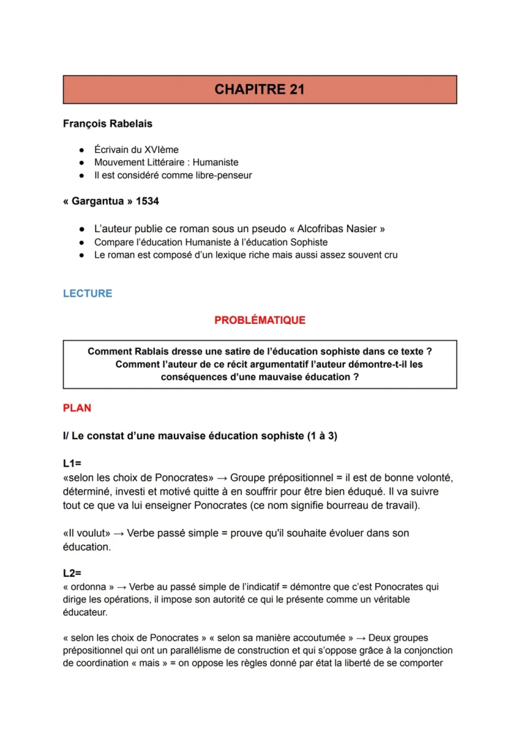 Gargantua Chapitre 21 Résumé - Texte Intégral et PDF Éducation Humaniste et Sophiste