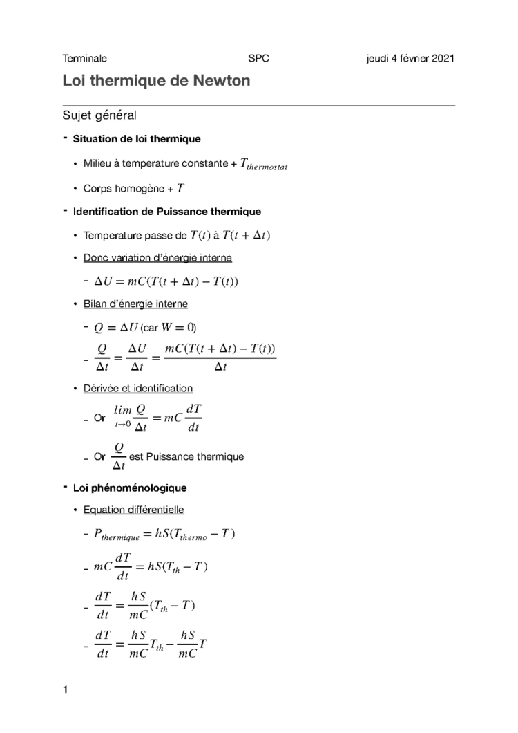 Loi Thermique de Newton et Équation Différentielle - Terminale