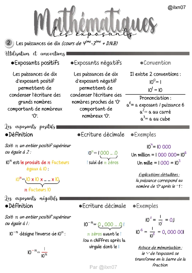 MATHEMATIQUES les exposants, les puissances (chapitre 2 : Les puissances de dix) [niveau 4-3ème]