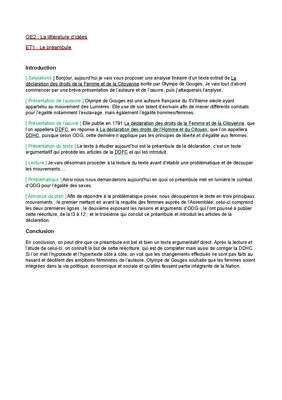 Préambule Olympe de Gouges analyse linéaire PDF - Déclaration des droits de la femme et de la citoyenne