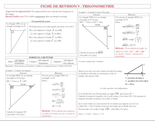 Fiche de Révision Trigonométrie 3ème, Première et Terminale PDF - Calculer Angles et Longueurs