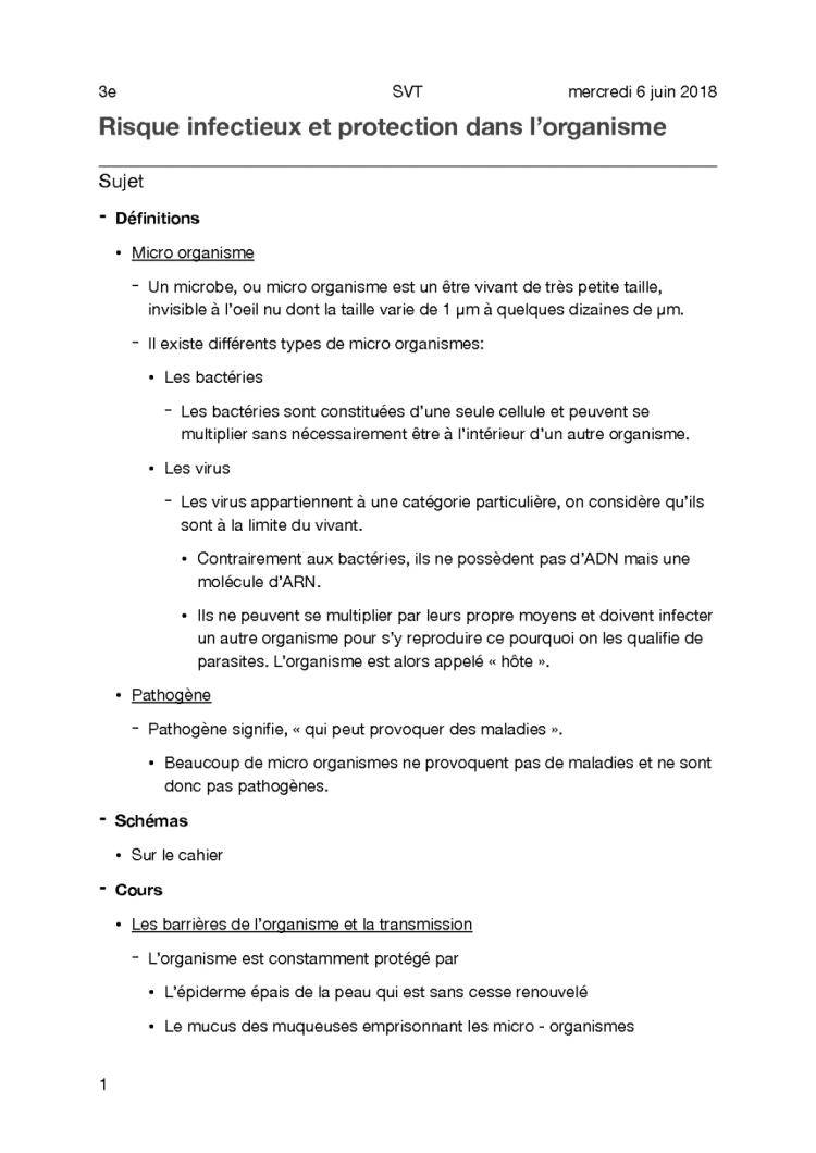 Le système immunitaire - Cours résumé 3ème PDF + Exercice corrigé et évaluation SVT