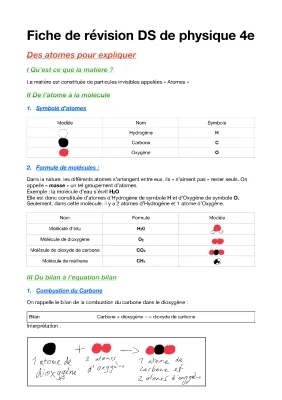 Exercices corrigés atomes et molécules 4ème - Fiche de révision Physique-Chimie PDF