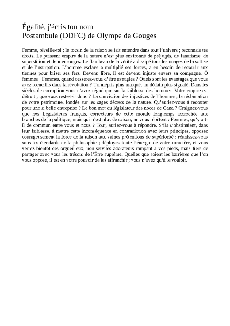 Analyse linéaire du Postambule de Olympe de Gouges - Les femmes dans la Révolution française