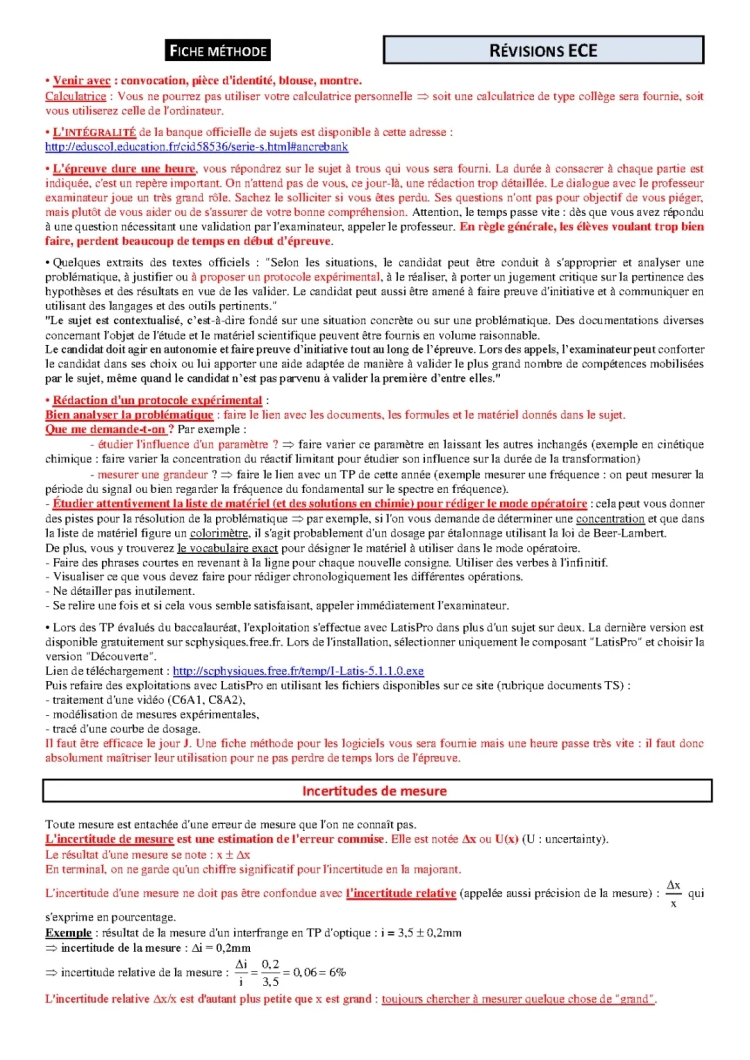 Fiche Révision ECE Physique-Chimie et SVT 2024 - Réviser Facilement pour le BAC !