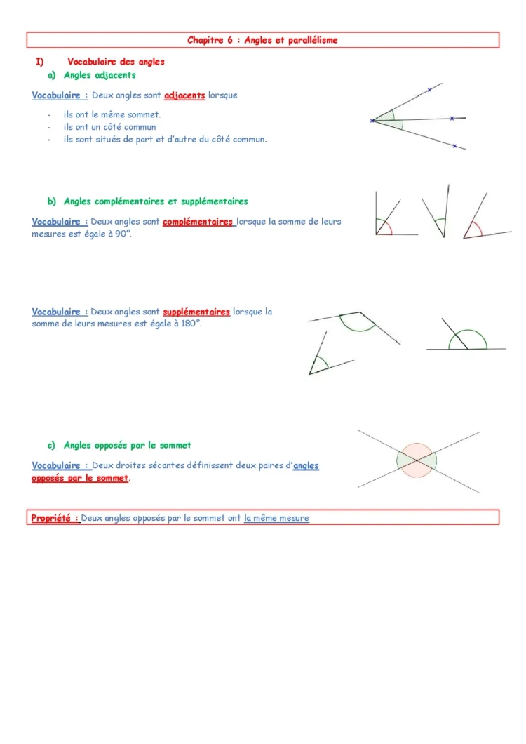 Cours et exercices corrigés: Les différents angles en géométrie (angles 5ème et 6ème)