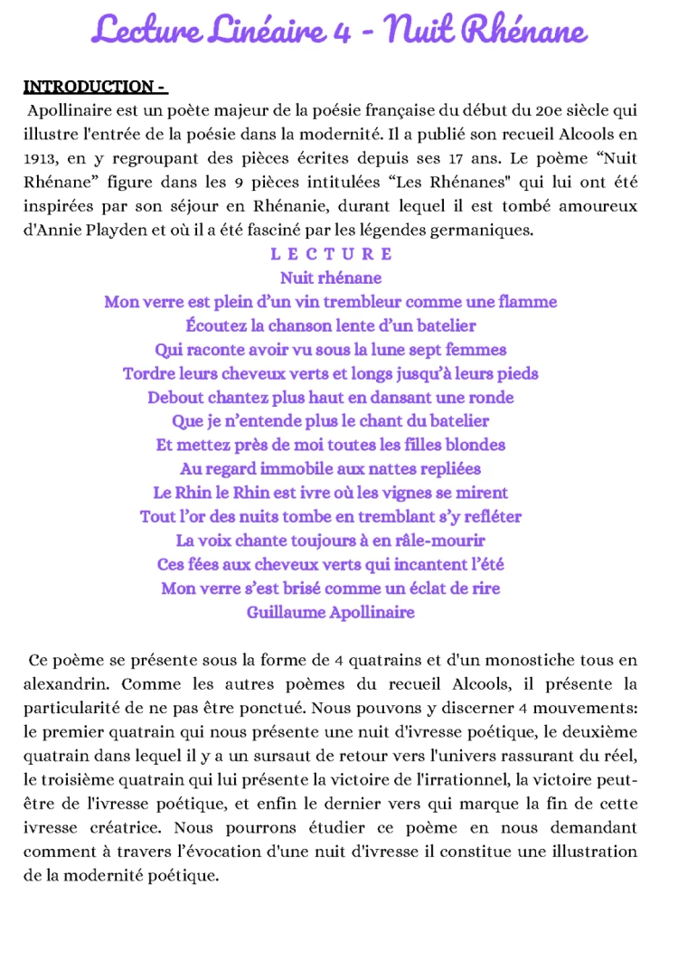 Lecture linéaire : "Nuit Rhénane" dans "Alcools" de Guillaume Apollinaire 