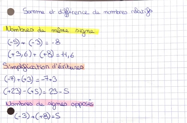 somme et diference de nombre relatif 